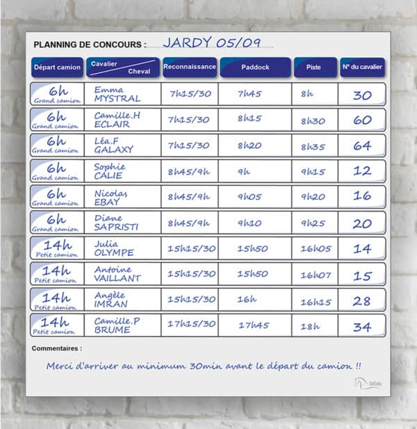 Mise en situation du planning de concours bleu