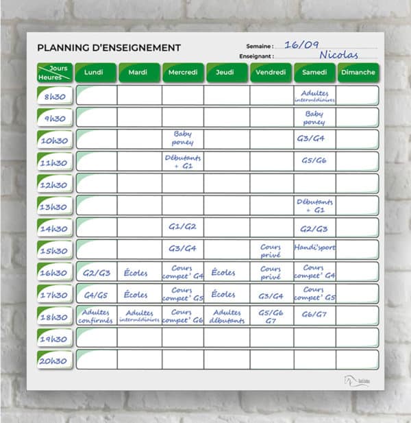 Mise en situation du planning d'enseignement semaine vert